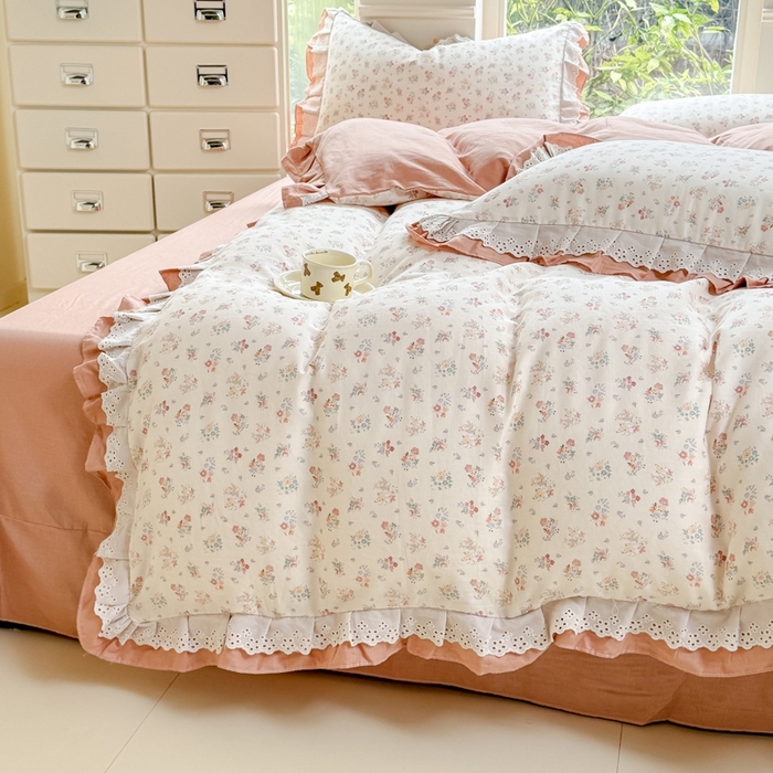 91家纺网 家纺一手货源 找家纺 晨晨家纺2025新款全棉双层花边双层纱四件套 七里香