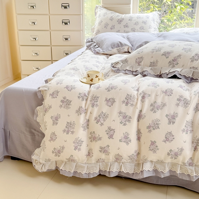 91家纺网 家纺一手货源 找家纺 晨晨家纺2025新款全棉双层花边双层纱四件套 紫香甜语