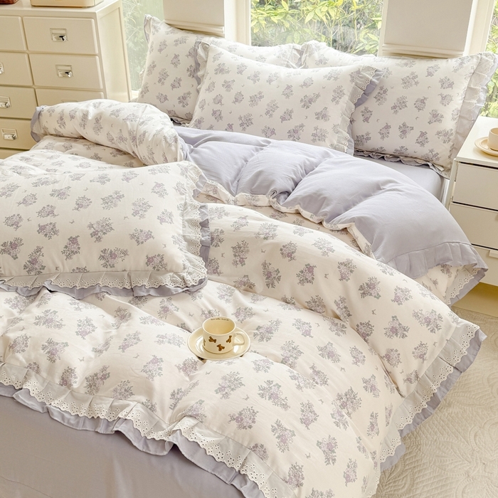 91家纺网 家纺一手货源 找家纺 晨晨家纺2025新款全棉双层花边双层纱四件套 紫香甜语