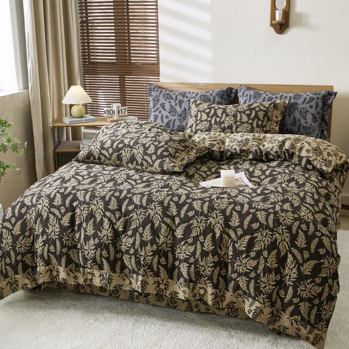 91家纺网 家纺一手货源 找家纺 2025新款全棉色织双层纱纽扣款四件套 扶苏-深咖