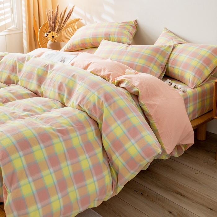 91家纺网 家纺一手货源 找家纺 2025新款A类色织水洗棉单被套 弗暖粉黄