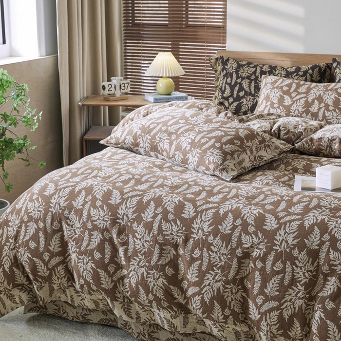 91家纺网 家纺一手货源 找家纺 2025新款全棉色织双层纱纽扣款四件套 扶苏-浅咖