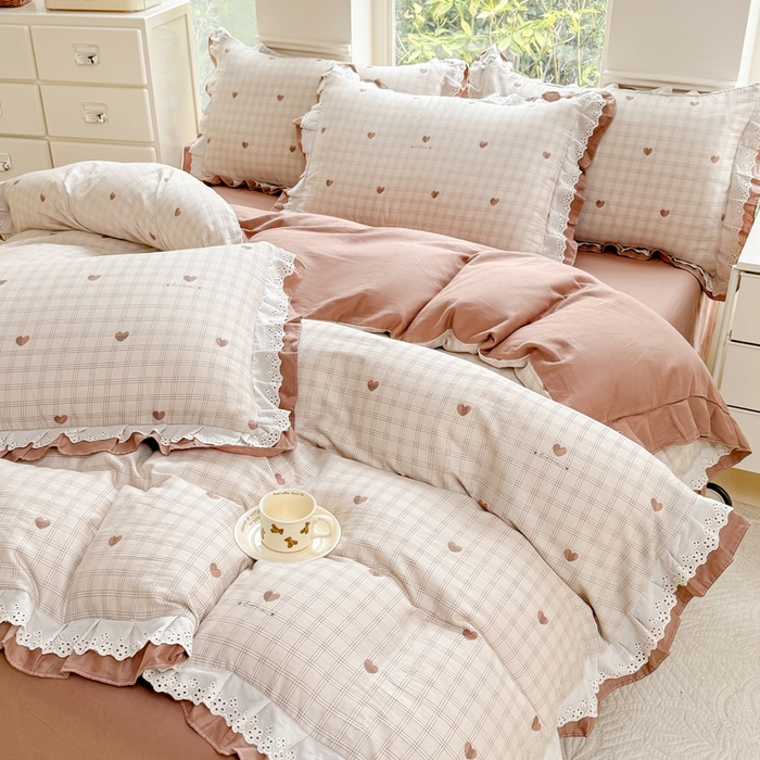 91家纺网 家纺一手货源 找家纺 晨晨家纺2025新款全棉双层花边双层纱四件套 心动-咖