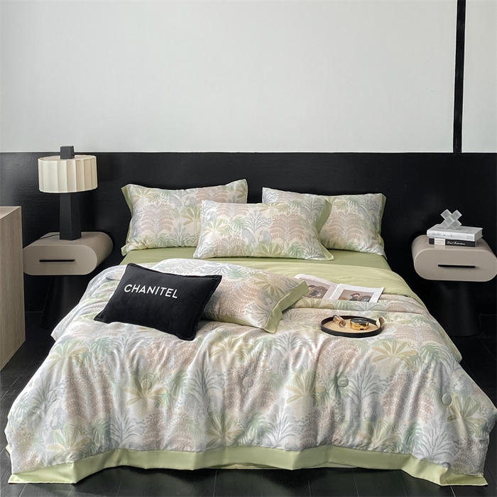 91家纺网 家纺一手货源 找家纺 本制 2025新款水洗真丝印花夏被夏凉被空调被 蔓叶森语+抺茶绿