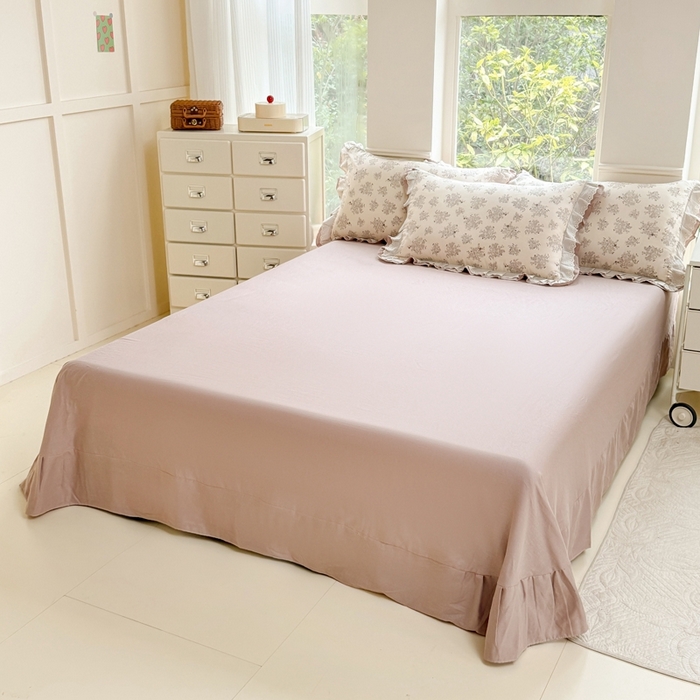 91家纺网 家纺一手货源 找家纺 晨晨家纺2025新款全棉双层花边双层纱四件套 雪莉-咖