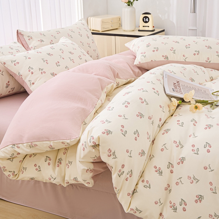 91家纺网 家纺一手货源 找家纺 蕾诺家纺 2025新款直播新款A类有氧提花云纱棉圆角吊边工艺四件套学生三件套 少女花季