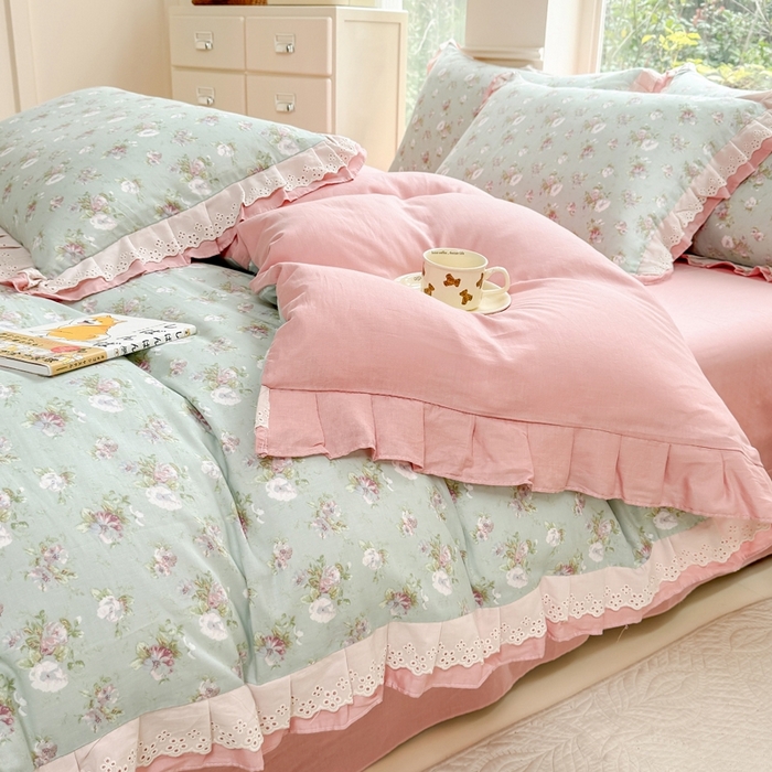 91家纺网 家纺一手货源 找家纺 晨晨家纺2025新款全棉双层花边双层纱四件套 秘密花园