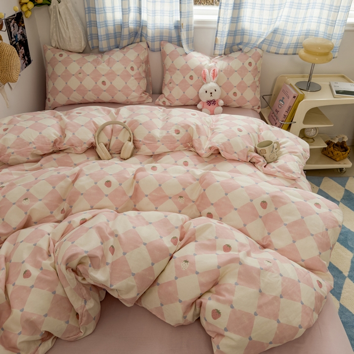 91家纺网 家纺一手货源 找家纺 塔塔家居  2025新款全棉纯棉双层纱四件套 草莓酱·粉