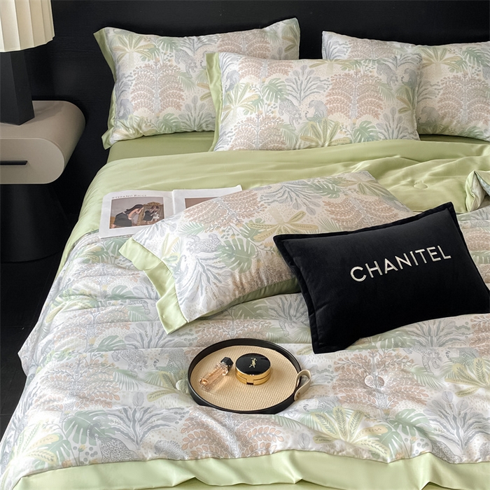 91家纺网 家纺一手货源 找家纺 本制 2025新款水洗真丝印花夏被夏凉被空调被 蔓叶森语+抺茶绿