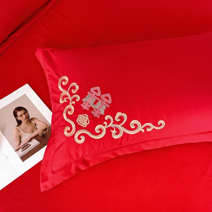 91家纺网 家纺一手货源 找家纺 2025新款100支150克双面长绒棉婚庆绣花四件套 喜韵佳缘