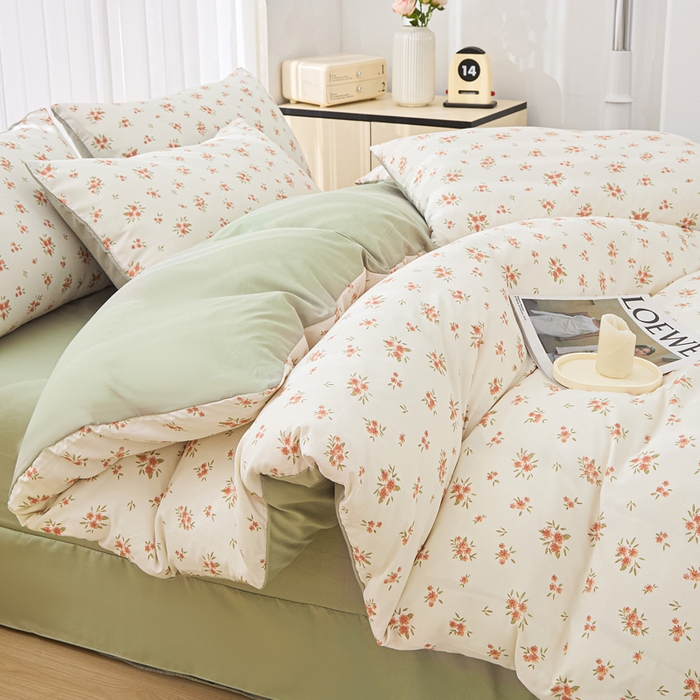 91家纺网 家纺一手货源 找家纺 蕾诺家纺 2025新款直播新款A类有氧提花云纱棉圆角吊边工艺四件套学生三件套 金桂花开