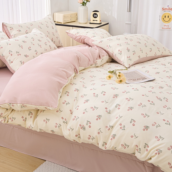 91家纺网 家纺一手货源 找家纺 蕾诺家纺 2025新款直播新款A类有氧提花云纱棉圆角吊边工艺四件套学生三件套 少女花季