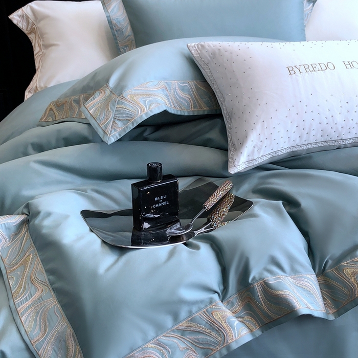 91家纺网 家纺一手货源 找家纺 馨蕊家居 2025新款100s高奢典藏简约全棉系列四件套-棉水漾 水漾-北卡蓝