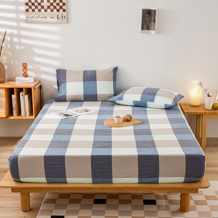 91家纺网 家纺一手货源 找家纺 2025新款A类色织水洗棉单被套 米棕丈青格