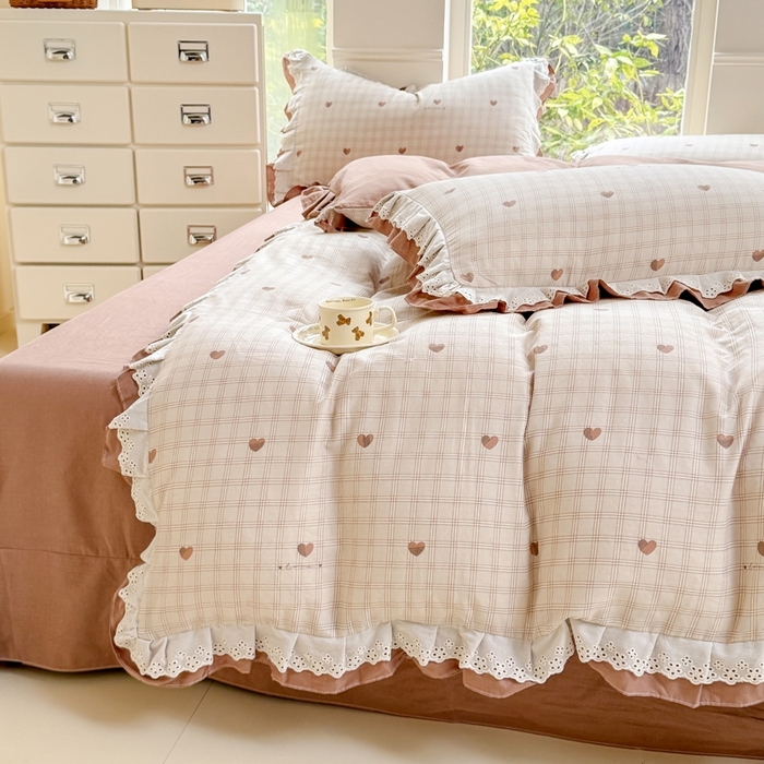 91家纺网 家纺一手货源 找家纺 晨晨家纺2025新款全棉双层花边双层纱四件套 心动-咖