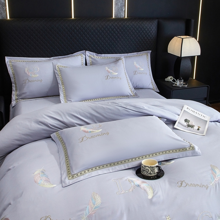 91家纺网 家纺一手货源 找家纺 佳宇轩 2025爆款水洗棉五彩刺绣四件套简约轻奢织带绣花床单床笠被罩4件套-蜜羽 蜜羽-浅灰