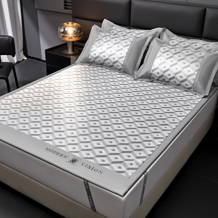 91家纺网 家纺一手货源 找家纺 全季家居 2025新款5A抗菌3D立体冰柔凉感冰丝席 格调-银灰 床席款