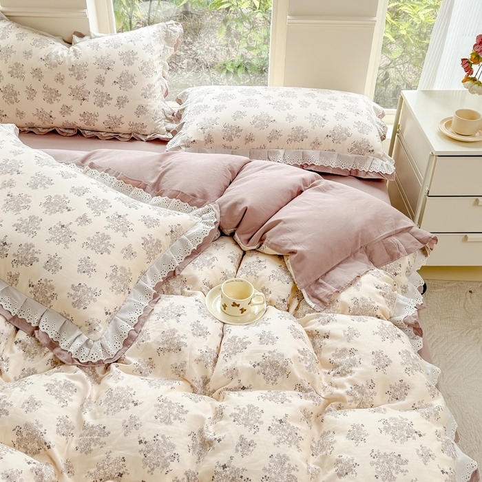 91家纺网 家纺一手货源 找家纺 晨晨家纺2025新款全棉双层花边双层纱四件套 雪莉-咖