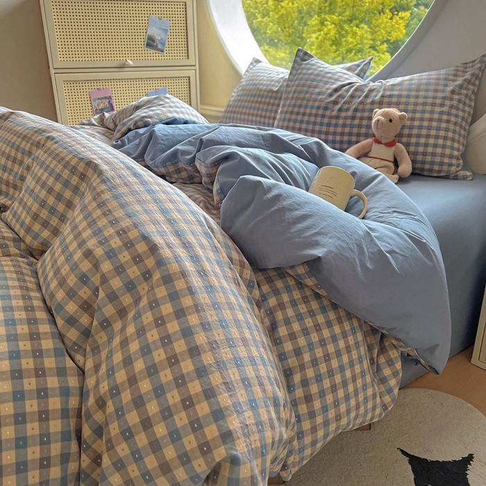 91家纺网 家纺一手货源 找家纺 田野 2025新款全棉水洗棉提花点点系列四件套 点点-深蓝