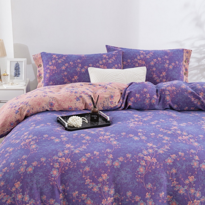 91家纺网 家纺一手货源 找家纺 2025新款全棉色织双层纱纽扣款四件套 织梦-紫罗兰