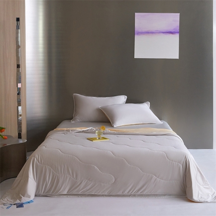 91家纺网 家纺一手货源 找家纺 头等舱  2025新款锦氨（165克）水光亮面锦A类55莱赛尔植物大豆7A抗菌夏凉被夏被-配礼盒（空镜图） 银灰＋暖黄