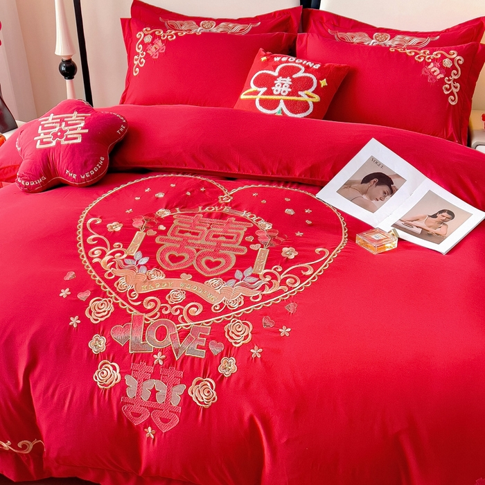 91家纺网 家纺一手货源 找家纺 2025新款100支150克双面长绒棉婚庆绣花四件套 喜韵佳缘