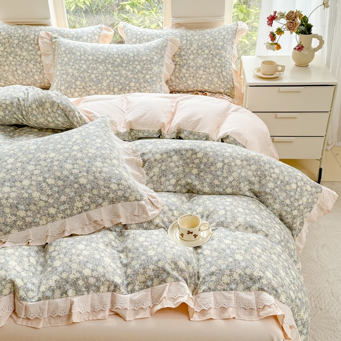 91家纺网 家纺一手货源 找家纺 晨晨家纺2025新款全棉双层花边双层纱四件套 韩式清新-灰