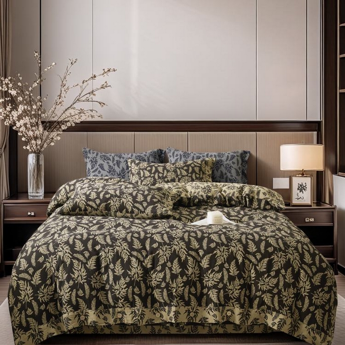 91家纺网 家纺一手货源 找家纺 2025新款全棉色织双层纱纽扣款四件套 扶苏-深咖