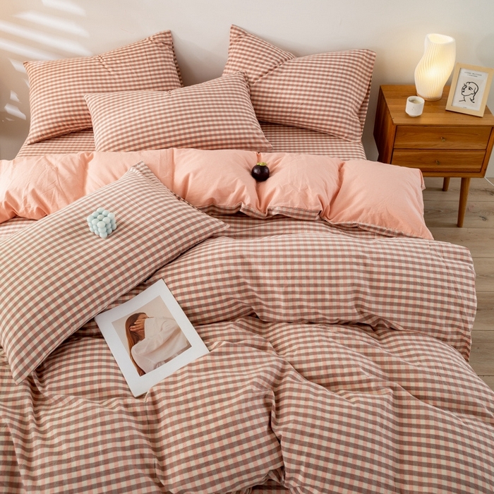 91家纺网 家纺一手货源 找家纺 2025新款A类色织水洗棉单被套 粉小格