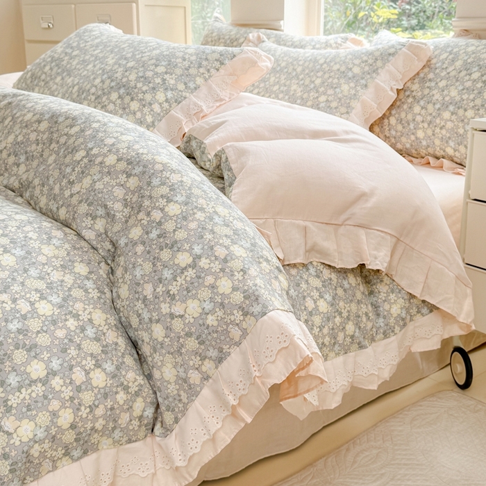 91家纺网 家纺一手货源 找家纺 晨晨家纺2025新款全棉双层花边双层纱四件套 韩式清新-灰