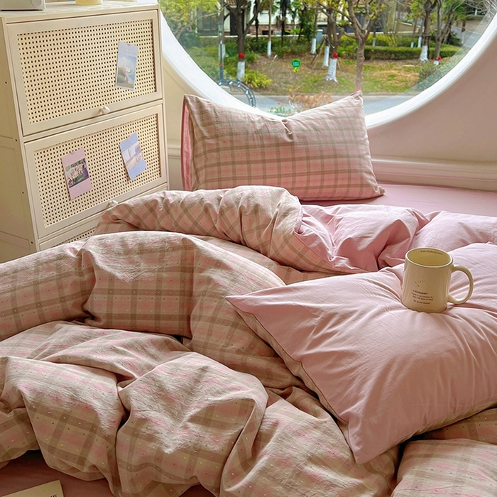 91家纺网 家纺一手货源 找家纺 田野 2025新款全棉水洗棉提花点点系列四件套 点点-粉