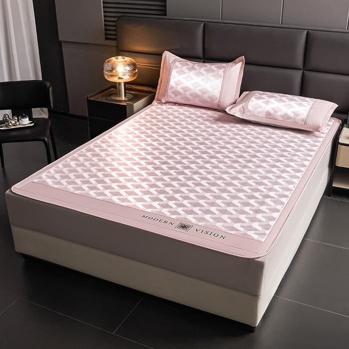 91家纺网 家纺一手货源 找家纺 全季家居 2025新款5A抗菌3D立体冰柔凉感冰丝席 菱形-淡粉 床笠款