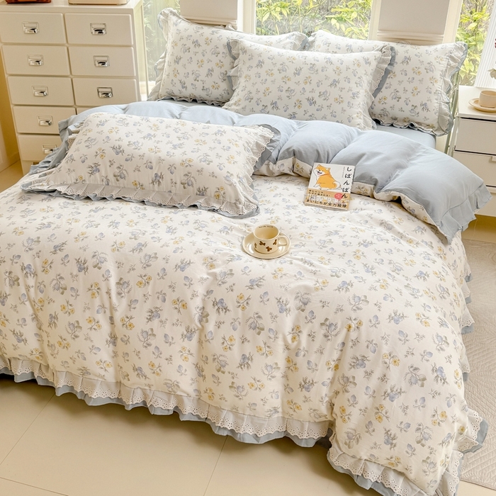 91家纺网 家纺一手货源 找家纺 晨晨家纺2025新款全棉双层花边双层纱四件套 伊甸园之梦-蓝