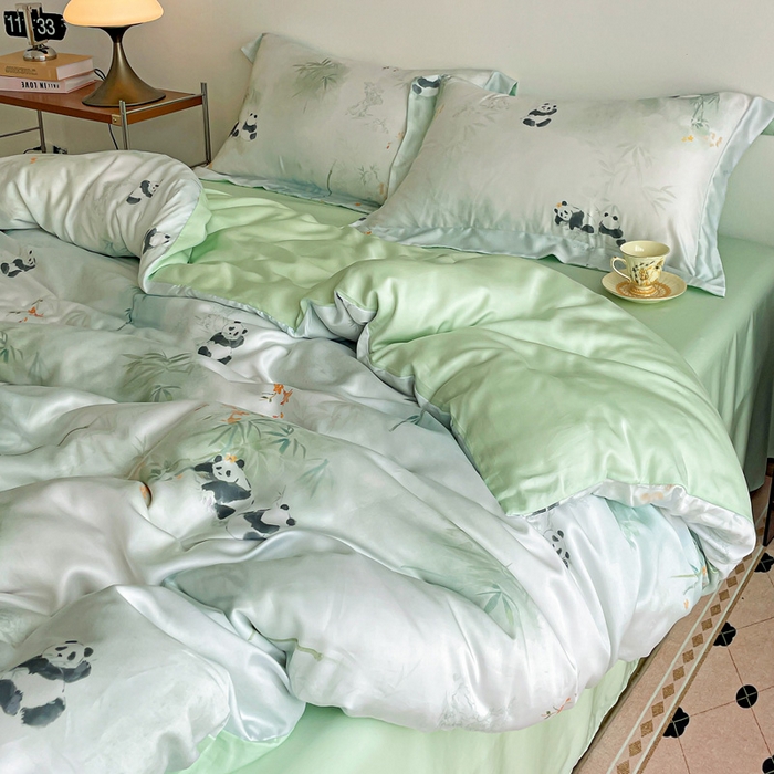 91家纺网 家纺一手货源 找家纺 棉生活家纺 2025新款天丝莱赛尔印花四件套 熊猫乐园