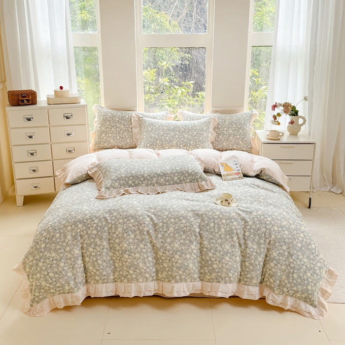 91家纺网 家纺一手货源 找家纺 晨晨家纺2025新款全棉双层花边双层纱四件套 韩式清新-灰