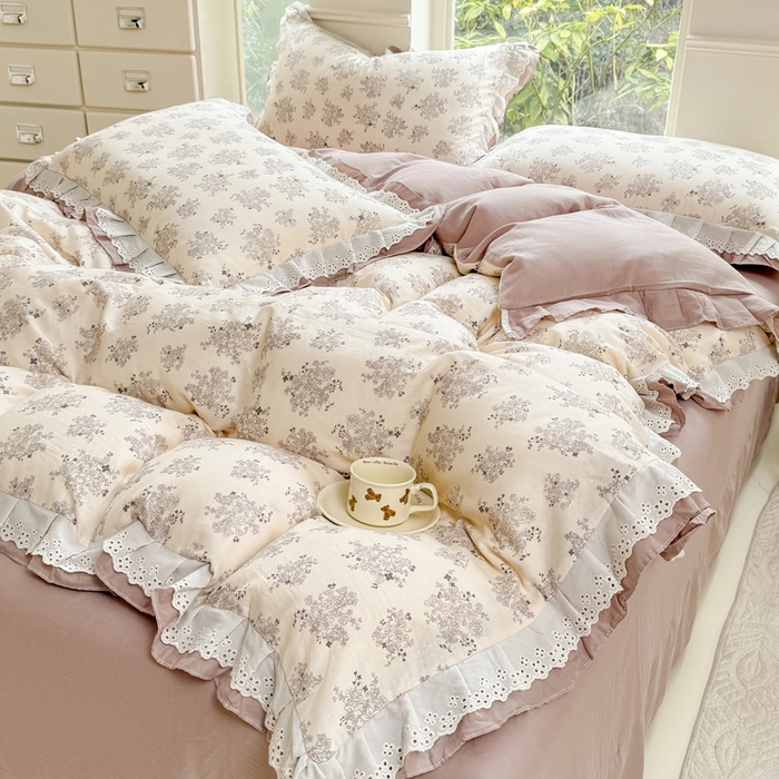 91家纺网 家纺一手货源 找家纺 晨晨家纺2025新款全棉双层花边双层纱四件套 雪莉-咖