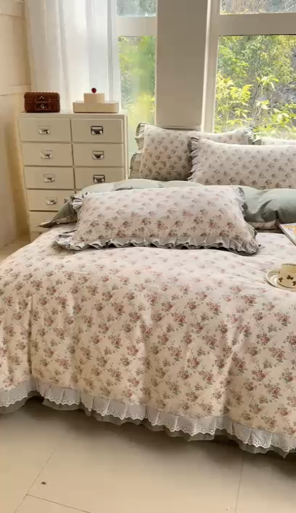 91家纺网 家纺一手货源 找家纺 晨晨家纺2025新款全棉双层花边双层纱四件套 浮生半日-绿