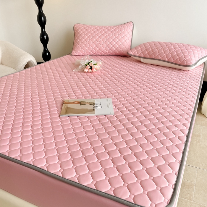 91家纺网 家纺一手货源 找家纺 2025新款加厚乳胶床笠款经典纯色夏被套件 方格-豆粉