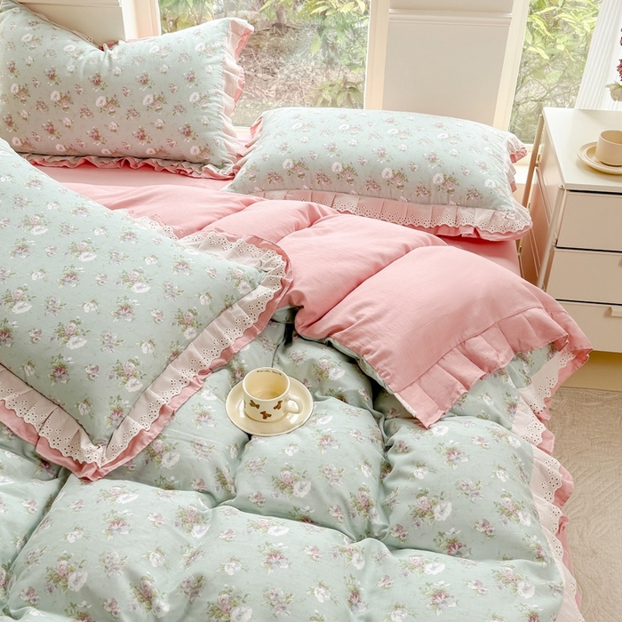 91家纺网 家纺一手货源 找家纺 晨晨家纺2025新款全棉双层花边双层纱四件套 秘密花园