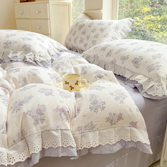 91家纺网 家纺一手货源 找家纺 晨晨家纺2025新款全棉双层花边双层纱四件套 紫香甜语