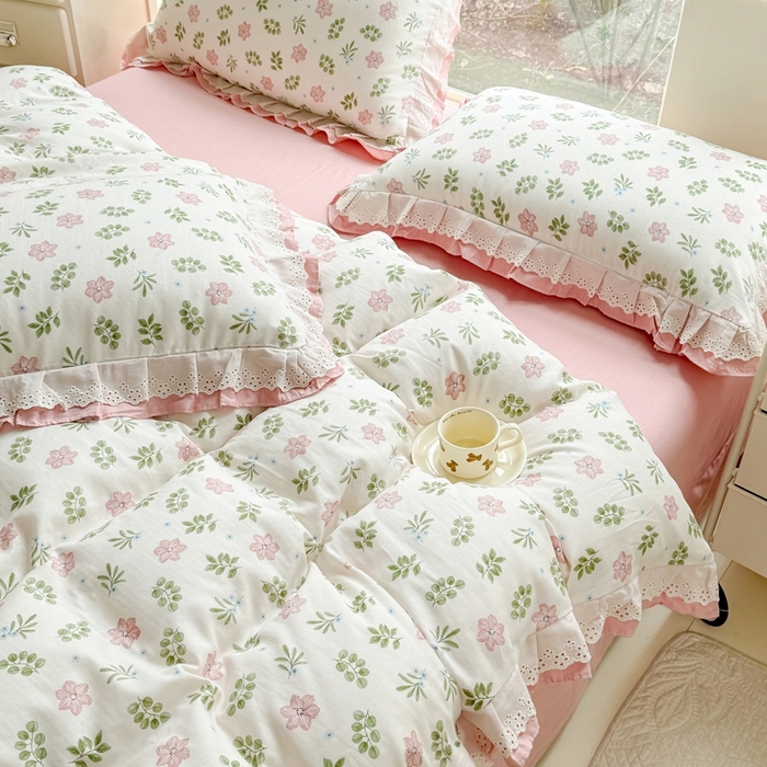 91家纺网 家纺一手货源 找家纺 晨晨家纺2025新款全棉双层花边双层纱四件套 絮语