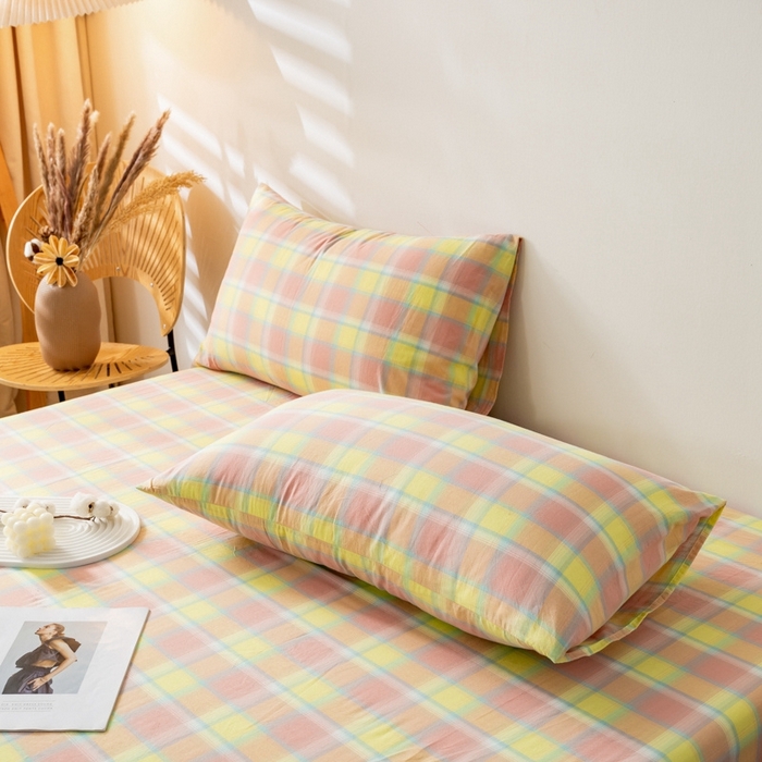 91家纺网 家纺一手货源 找家纺 2025新款A类色织水洗棉单被套 弗暖粉黄