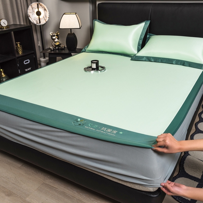 91家纺网 家纺一手货源 找家纺 全季家居 2025新款5A加厚加密艾草碳光席冰丝席 床笠-水绿