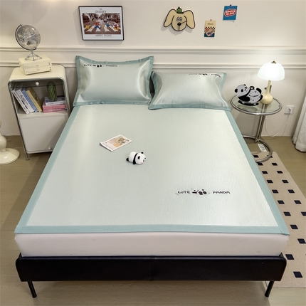 星座家纺 2025新款600D熊猫烫画冰丝凉席三件套 清凉绿