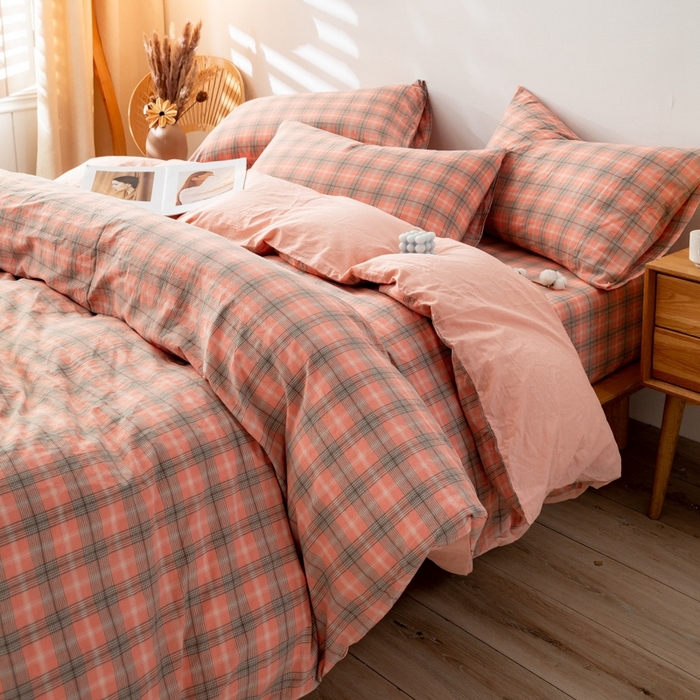 91家纺网 家纺一手货源 找家纺 2025新款A类色织水洗棉单被套 芳华粉