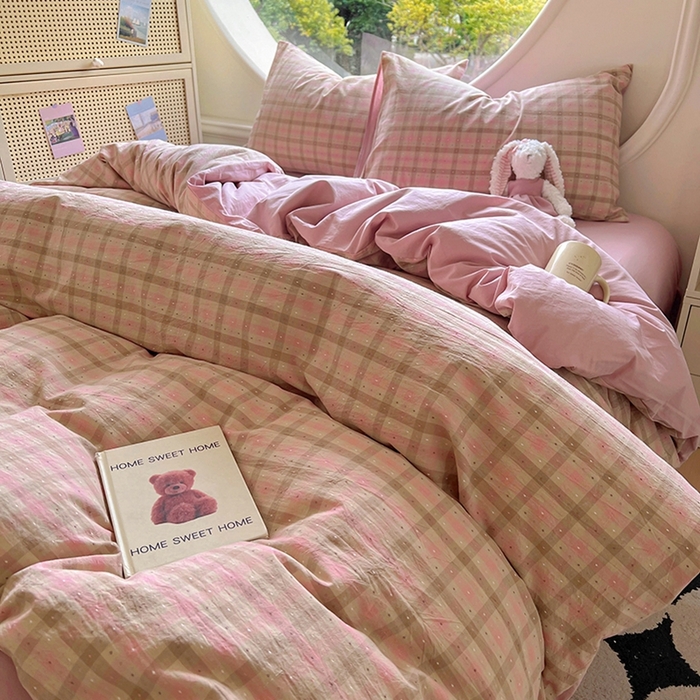 91家纺网 家纺一手货源 找家纺 田野 2025新款全棉水洗棉提花点点系列四件套 点点-粉