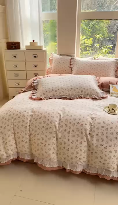 91家纺网 家纺一手货源 找家纺 晨晨家纺2025新款全棉双层花边双层纱四件套 七里香