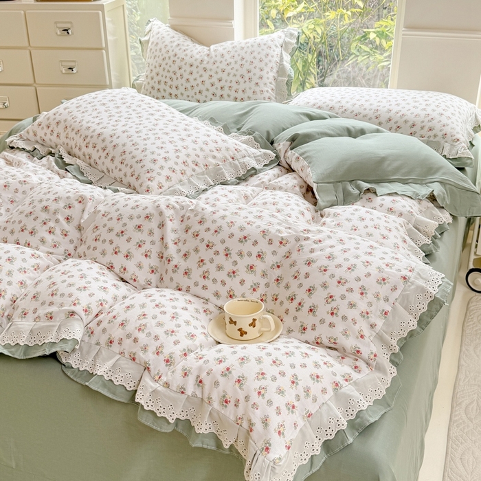 91家纺网 家纺一手货源 找家纺 晨晨家纺2025新款全棉双层花边双层纱四件套 花知晓