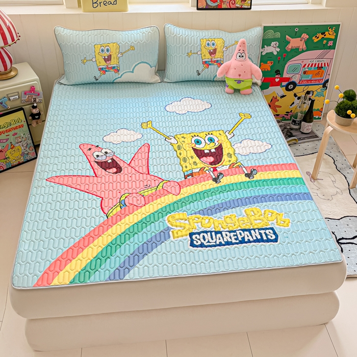 91家纺网 家纺一手货源 找家纺 金爱家 2025新款海绵宝宝乳胶凉席床席款凉席席子 床席款-彩虹海绵宝宝