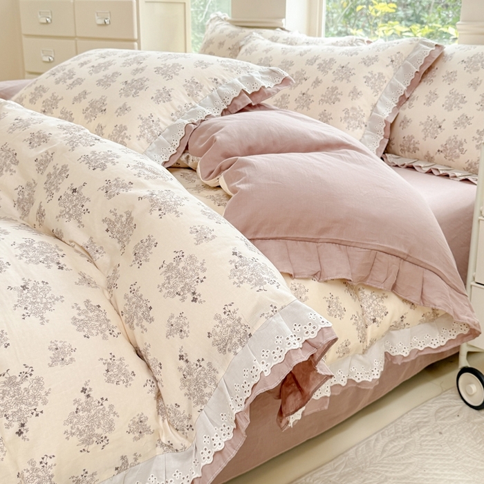 91家纺网 家纺一手货源 找家纺 晨晨家纺2025新款全棉双层花边双层纱四件套 雪莉-咖